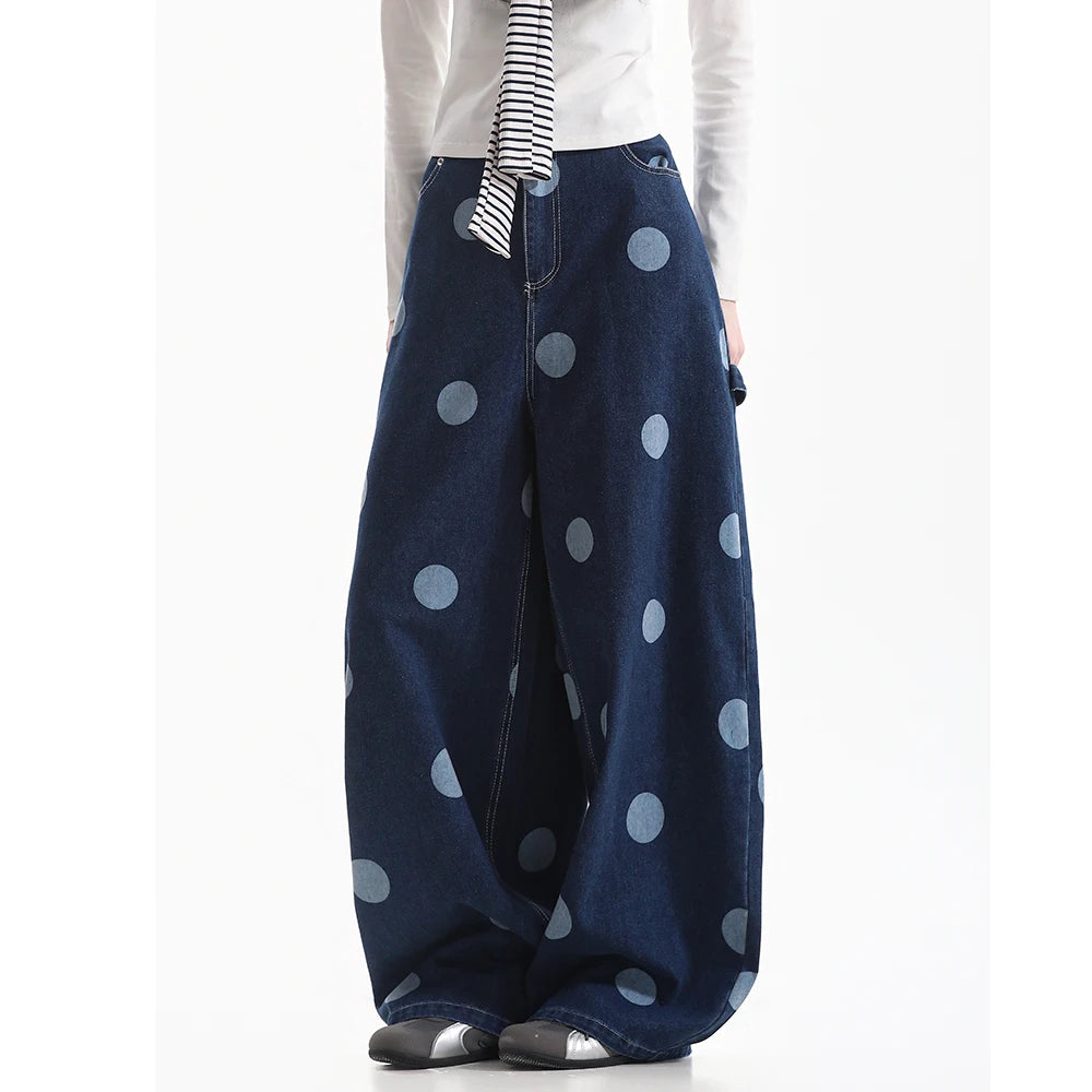 American Vintage Blue Polka Dot Jeans for Women Loose Wide Leg