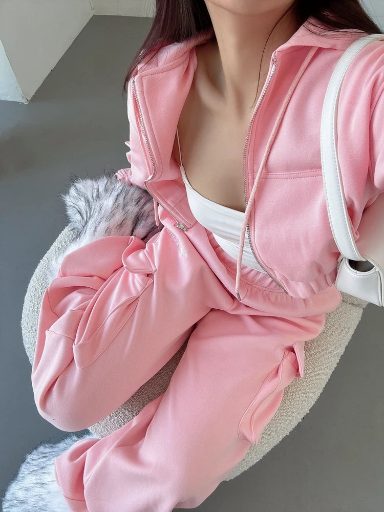 WOMENGAGA Short Zipper Sweatshirt Large Pocket Wide Leg Pants Two Piece Casual Plush Set For Winter Women Fashion Sweet 2PTB