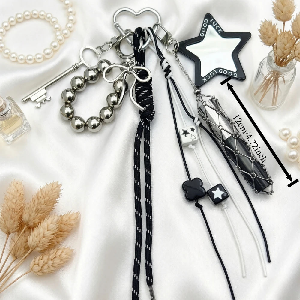 Y2K Good Luck Mirror Keychain Silver Metal Lipstick Holder Star
