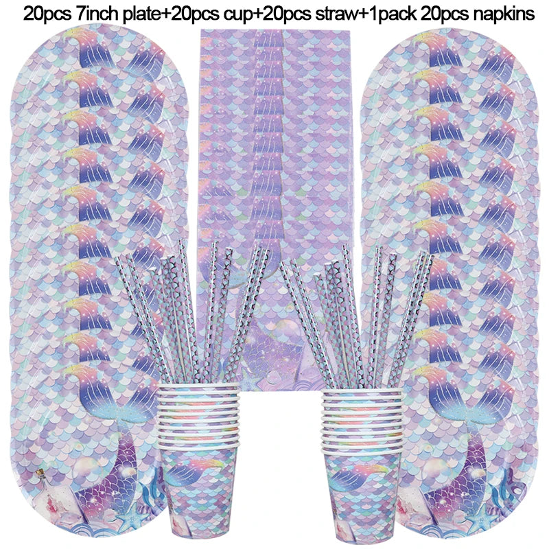 Mermaid Birthday Party Decoration Disposable Tableware Set Little Mermaid Tail Plates Girl Mermaid Party Supplies Wedding Decor