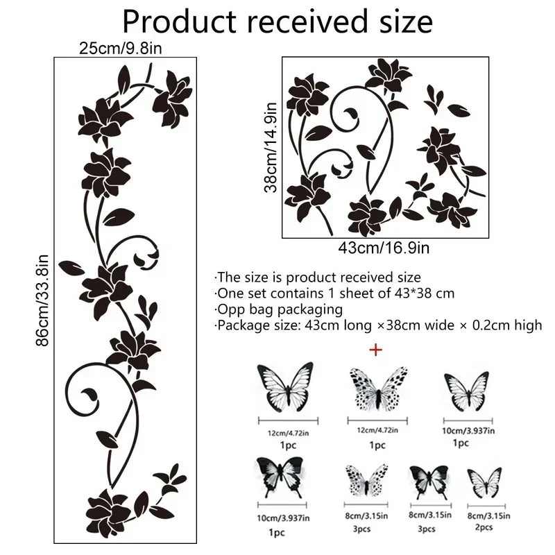 2024 New 3D Butterfly Wall Stickers  Black Flower Rattan Living Room Background Room Wall Stickers Dark Style 38*43cm Home Decor