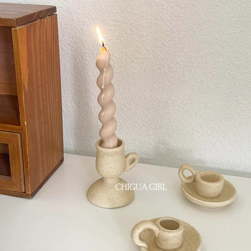 Ceramic Candle Holder Retro Plain Ceramic Aromatherapy Candlestick Photo Props Nordic Home Decoration Ornament