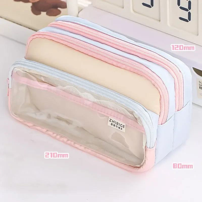 Kawaii Pencil Bag Large Capacity 3 Compartments Pencil Case Pen Pouch Desk Organizer School Supplies Cute Korean Stationery