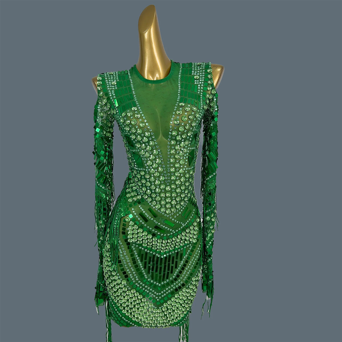 Sexy Women Full Rhinestone Sequins Tassel See Through Mesh Mini Dress Streamer Theme Party Photo Shoot Wear gig  Outfit Youzi