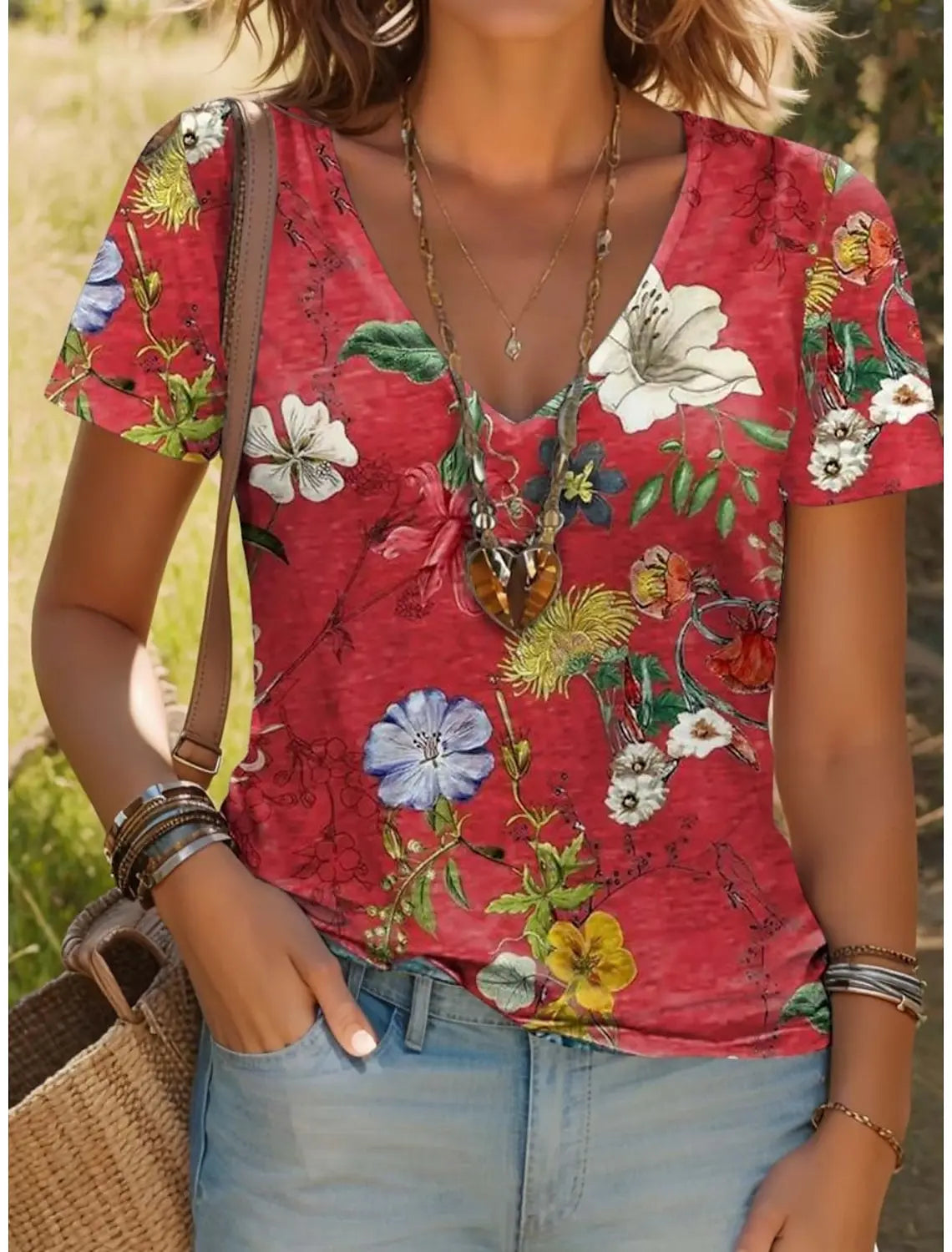 Summer New Women's T-Shirt 3D Vintage Floral Print V