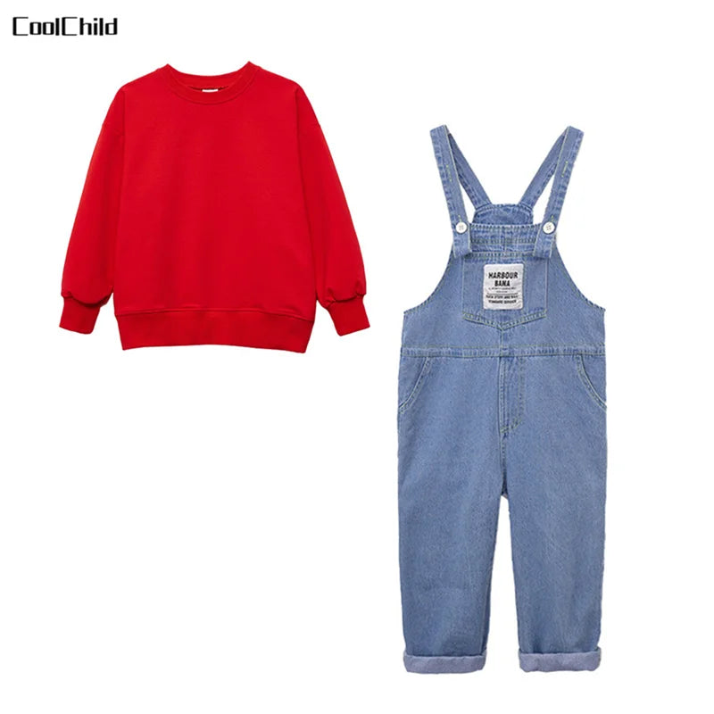 Boys Hip Hop Solid Sweatshirt Denim Loose Overalls Girls Crop Top Kids Dungaree Child Jumpsuit Street Dance Romper Streetwear