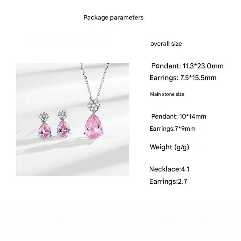 925 Sterling Silver Jewelry Set Shiny Rose Quartz Zircon Women Necklace Earrings Birthday Wedding Party Jewelry Gift