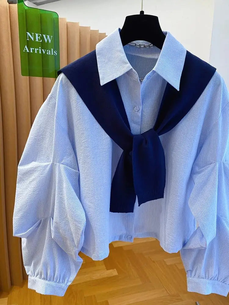 Knitted Shawl With Blue Striped Shirt For Women's Two-piece Top 2025 New Loose Layered Autumn blouse