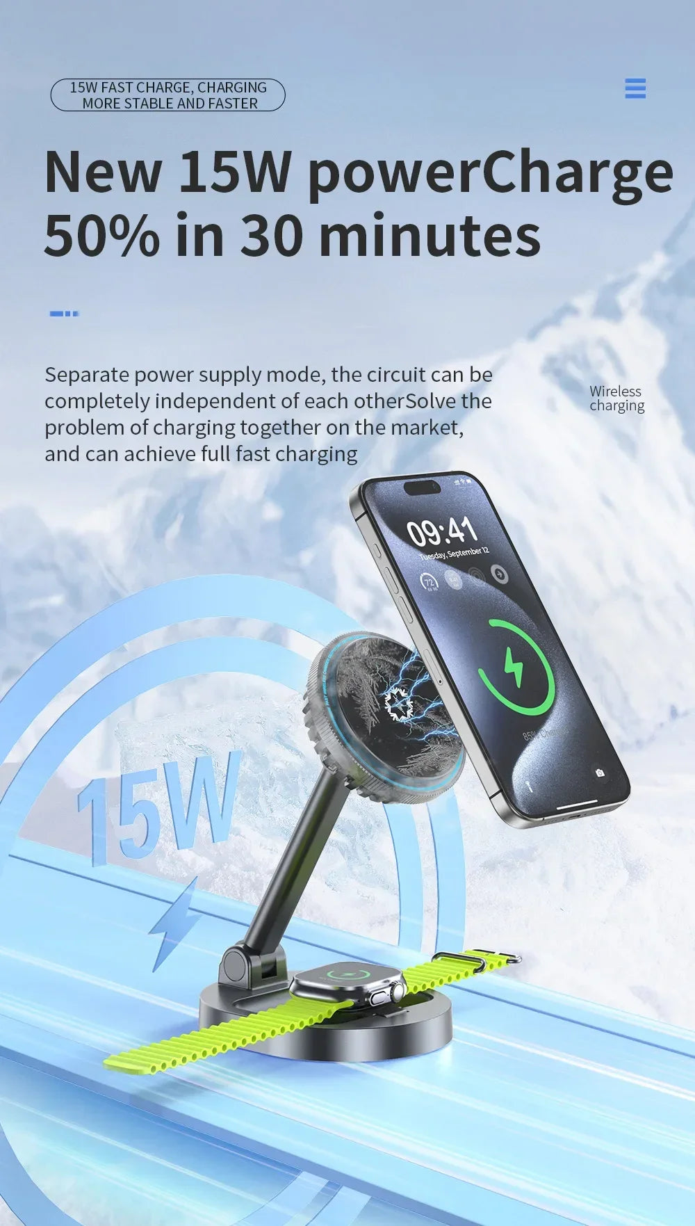 ice Cooling 3 In 1 Magnetic Wireless Charger Stand Pad Foldable Fast Charging Dock For iPhone 15 14 13 12 Pro iWatch 8 7 Airpods