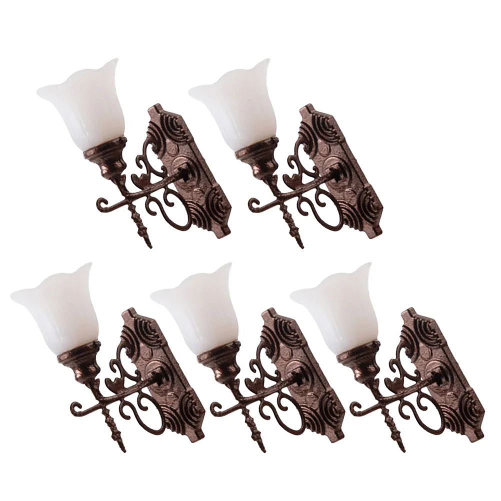 5Pcs Stainless Steel Abs Miniature Wall Lamp Models Sand Table Accessories Tiny Lamps For Diorama Decorative Figurines Warm