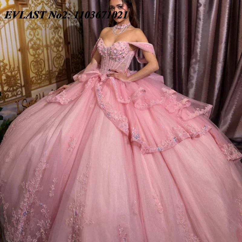 EVLAST Customized Princess Pink Qinceanera Dress Ball Gown Shiny Lace Applique Beading Tiered Sweet 16 Vestidos 15 Anos E2QA332