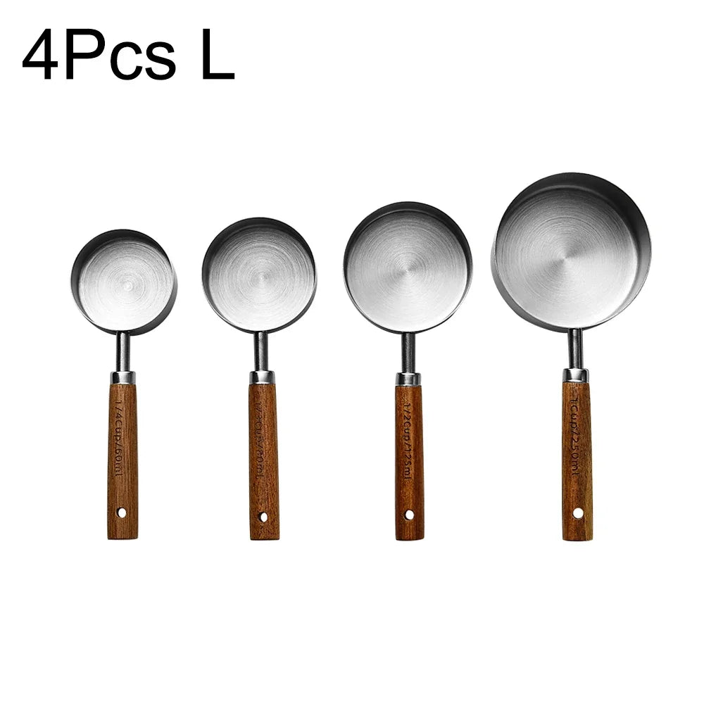1/4Pcs Stainless Steel Measuring Cups and Spoons Set with Wooden Handles Multifunctional Baking Tool for Cooking and Baking