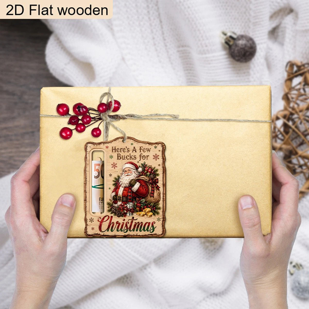 Christmas Wooden Money Holder Ornament 2D Flat Santa Claus Cash Holder Hanging Decor Here's A Few Bucks For Christmas Tree Decor