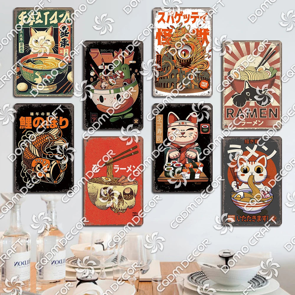 Cartoon Cat Japanese Food Plaque Tin Sign Retro Ramen Sushi Takoyaki Poster Metal Plates Bar Pub Restaurant Kitchen Wall Decor