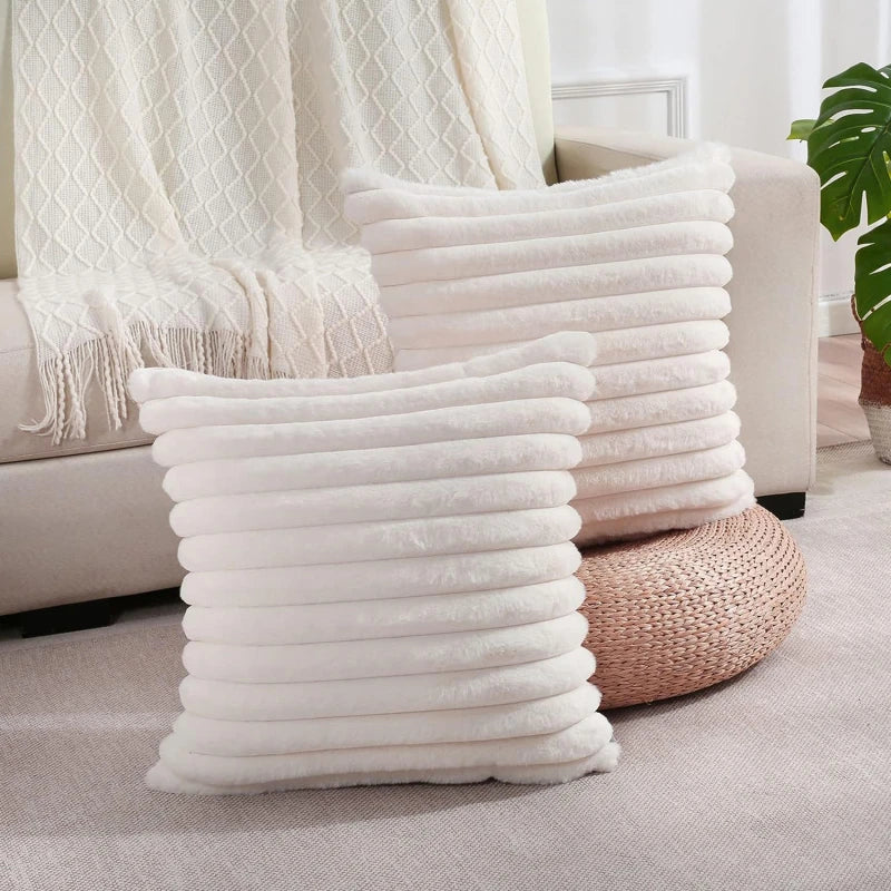 Artificial Rabbit Fur Square Cushion Cover Simple Stripe Super Soft Pillowcase 45x45 Cm Sofa Decorative Cushion Cover
