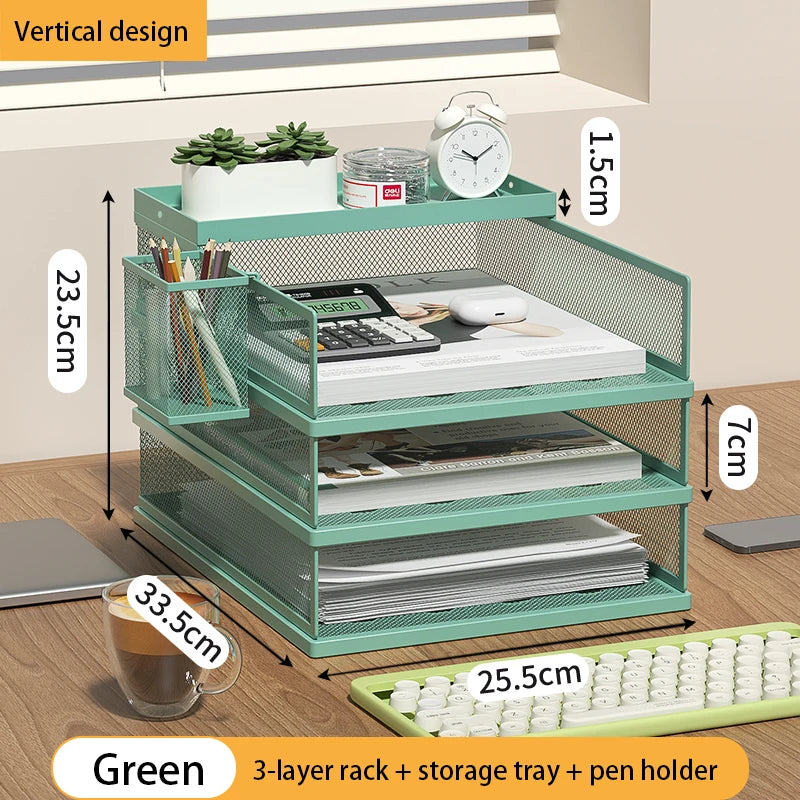 4-Tier Green Stackable Letter Tray Office Desk Organizer File Trays, Desktop Holder for Paper Letter Accessories with Pen Holder