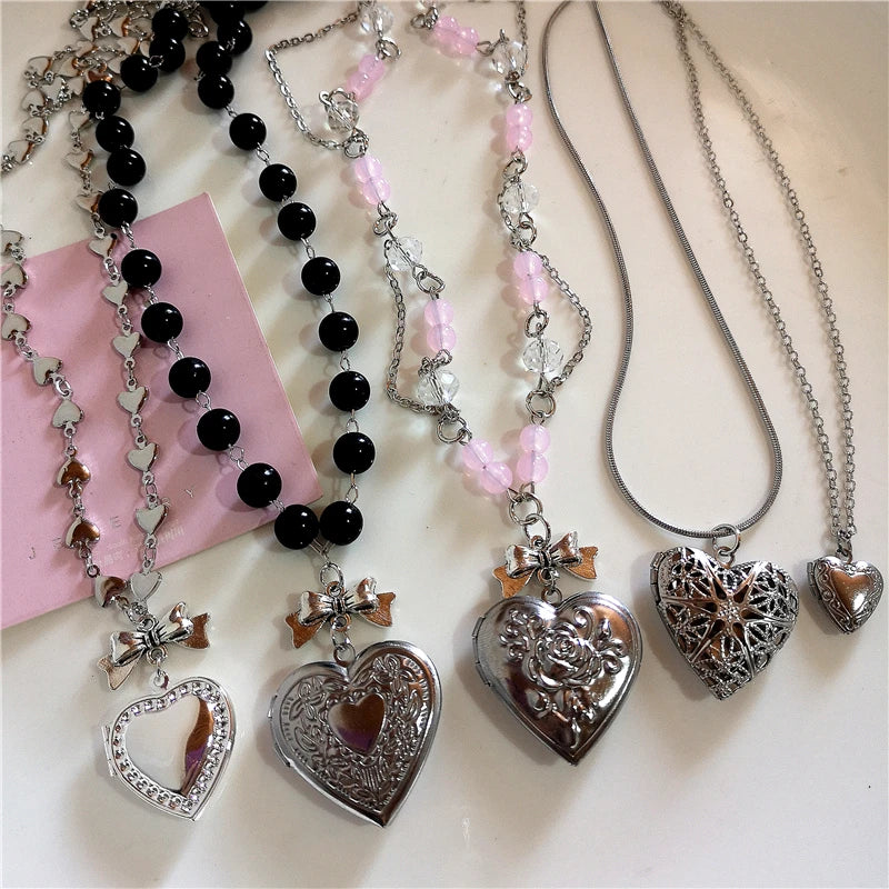 Goth Y2K Aesthetic Heart Locket Pendant Open Female Silver Color