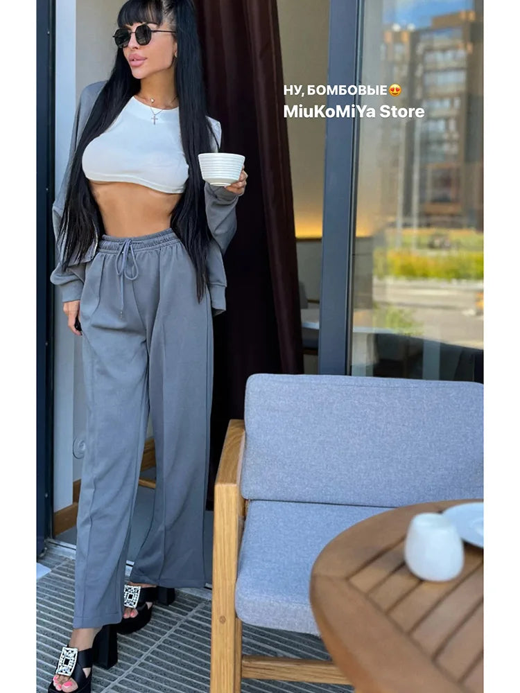 Gray Straight Pants Two Pieces Sets Women Outfit Long Sweatpants Street Wear Zipper Jacket Track Suits Sweatshirt Sets For Women