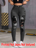 8385 Ladies Printed Denim Look Slim Fit Pants Non-Leather