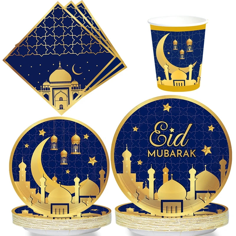 Blue Gold Eid Mubarak Ramadan Moon Festival Muslim Party Disposable Tableware Cups Plates Napkins Baby Shower Party Decorations