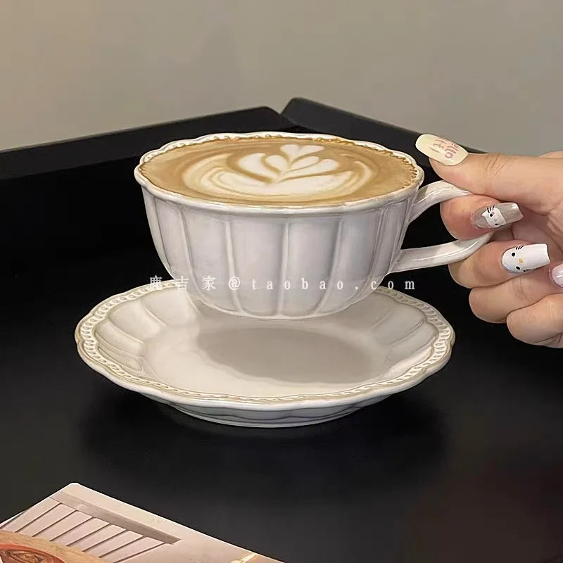 French Retro Relief Flower Cup and Dish Set, Ceramic Coffee Cup, Afternoon Tea Latte Cup, Artistic Home Decoration, Holiday Gift