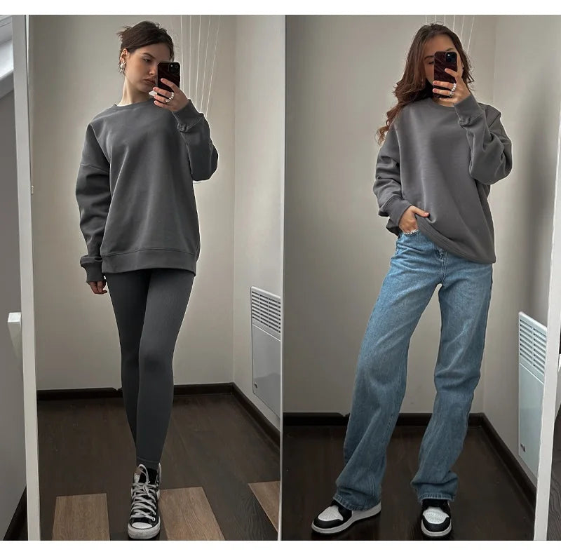 Autumn Oversized Sweatshirts Women Cotton Loose Pullovers Red O Neck Warm Sweatshirt For Women Oversize Winter Clothes Fleece