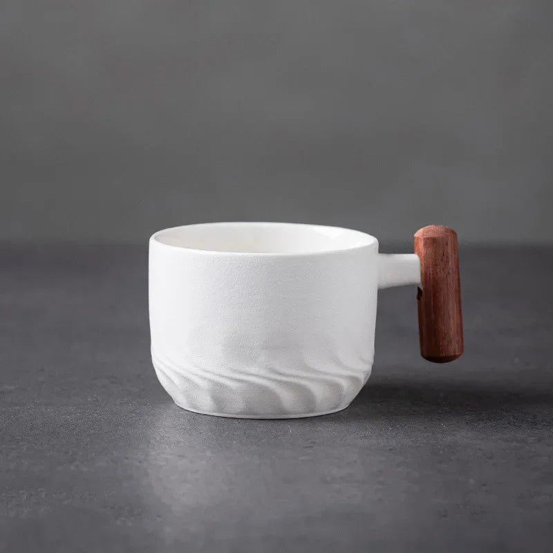 Blue Ceramic Coffee Mug Retro Wooden Handle Filter Tea Mug Office Water Cup Solid Color Gradient Glaze Coffee Cup TeaCup