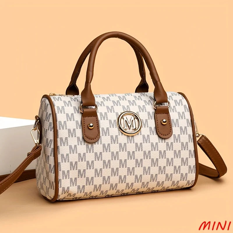 Women Alphabet Shoulder Bag with Golden M Logo Leather