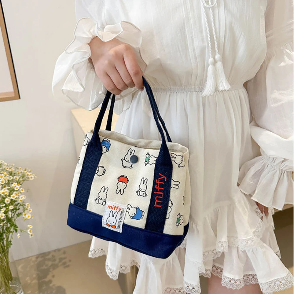 Kawaii Miffy Cute Handbag Cartoon Rabbit Canvas Embroidery Fashion Bento Multifunctional Storage Bag Girl Gift