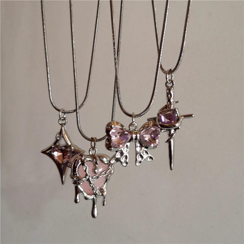 Kpop Vintage Pink Heart Bowknot Pendant Stainless Steel Snake