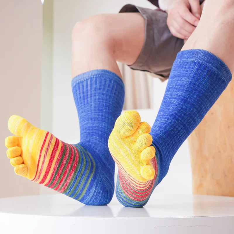 1/6 Pairs Man Toe Socks Long Plus Large Size Cotton Colorful Striped Compression Sport Fitness Happy 5 Finger Calf Socks EU40-46