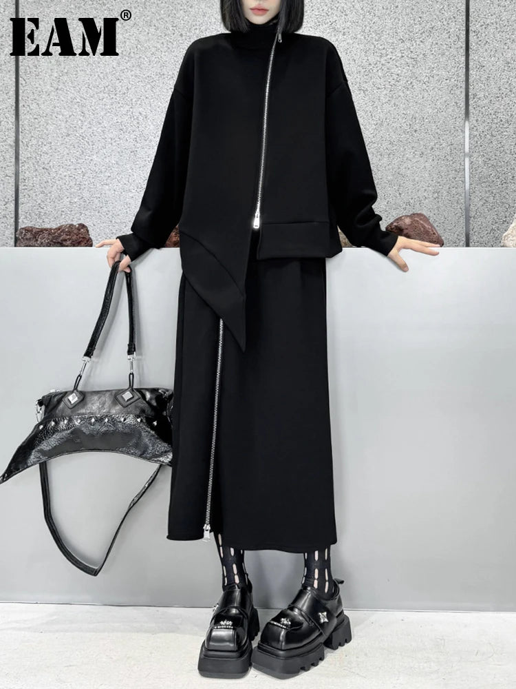 [EAM] Zipper Sweatshirt Half-body Skirt Two Pieces Suit New Turtleneck Long Sleeve Women Fashion Tide Spring Autumn 2026 1DH7237