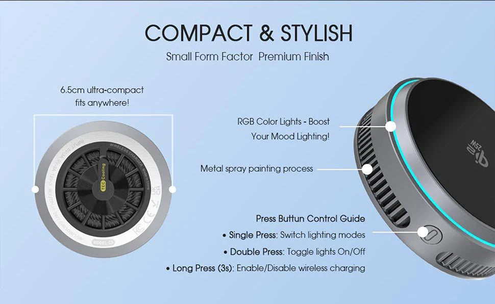 2025 Qi2.2 25w semiconductor-cooled mobile phone radiator, portable magnetic wireless charger with RGB lights.