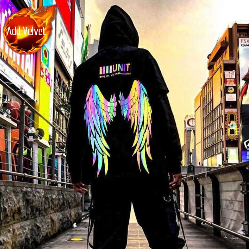 Reflective Male Hoodie Hip Hop Overfit New in No Brand Y2k Vintage Novelty and Simple 90s Tops Fleeced Men's Hooded Sweatshirt