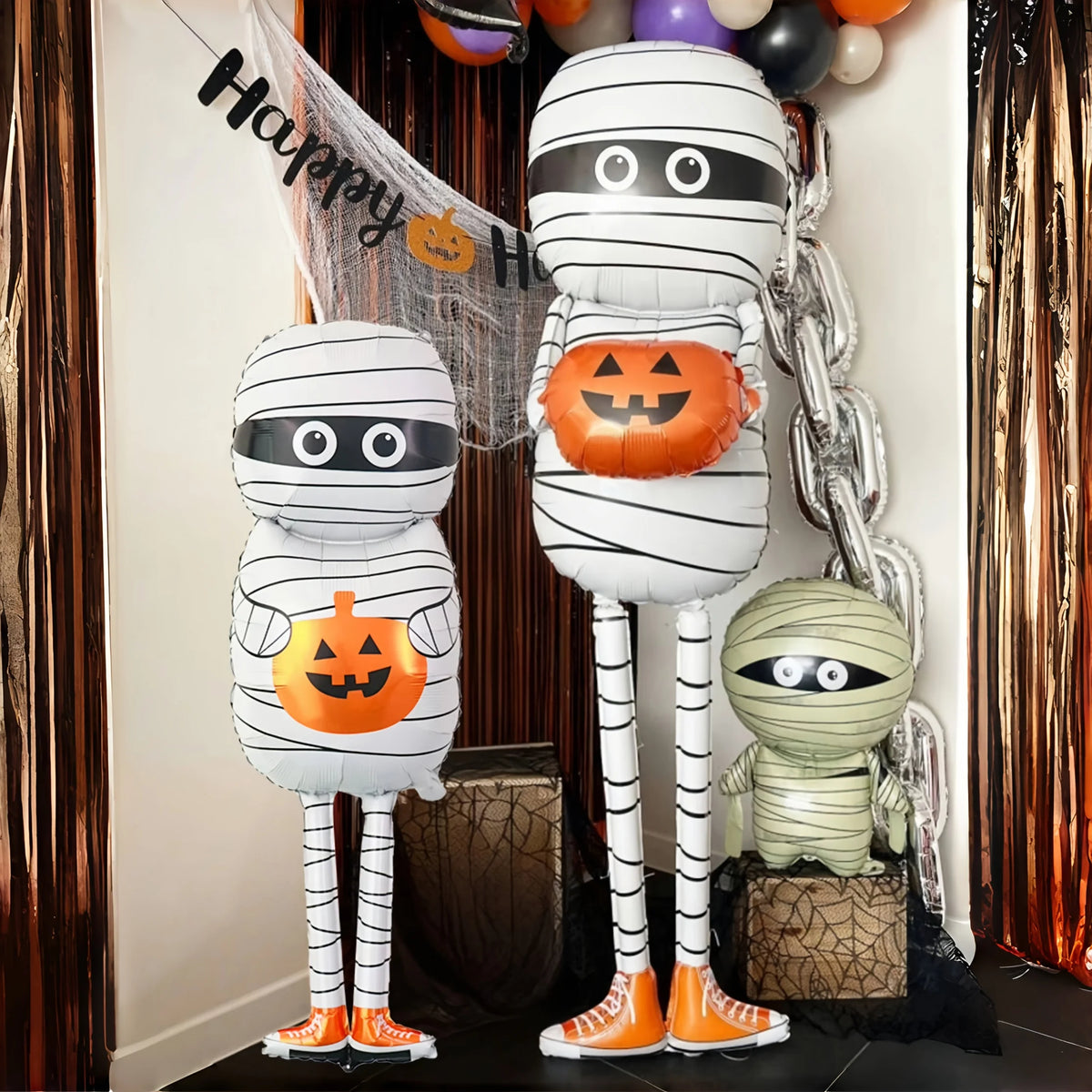 Handheld Pumpkin Mummy Aluminum Film Balloon White Orange Shaped Mummy Balloon Halloween Decoration Trick Party Decoration