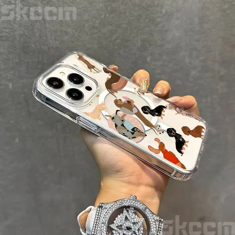 Cute Dachshund Bulldog Pattern Magnetic Phone Case For iPhone 17 16 15 14 13 12 11 Pro Max 16E X XS XR Clear Hard Cover