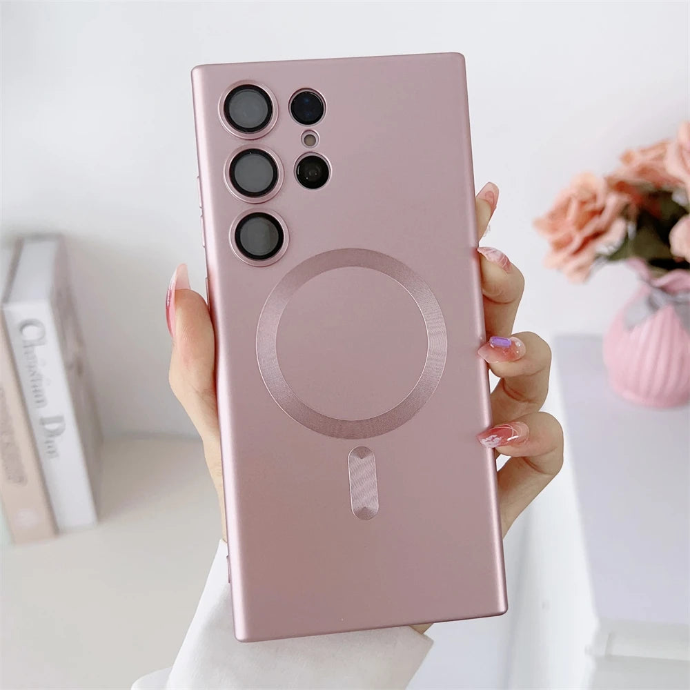 Metal Matte For Magsafe Magnetic Wireless Charger Case for Samsung S25 S24 S23 Ultra S22 Plus S21 Shockproof Soft Silicone Cover