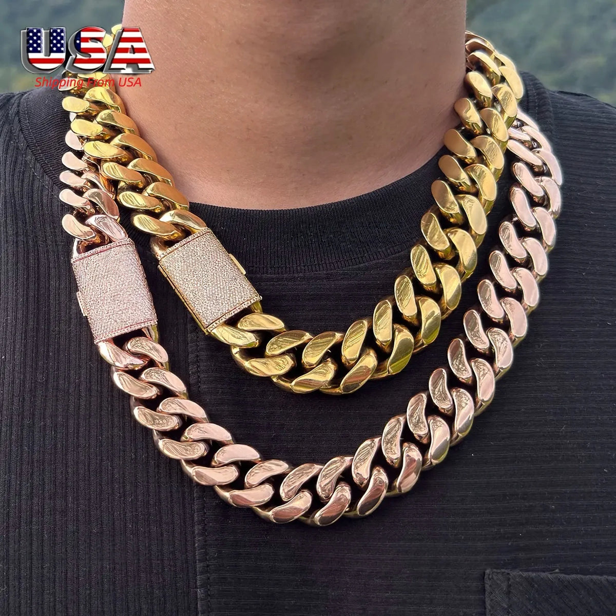 Men's Miami Cuban Link Chain, Heavyweight 316L Stainless Steel with Iced Out Moissanite Clasp, Rose Gold Color Hypoallergenic Never-Fade Finish, 14-22mm Necklaces, Heavy Chain, Chunky Necklace, 18-30 Inch,, Adjustable, Bold W