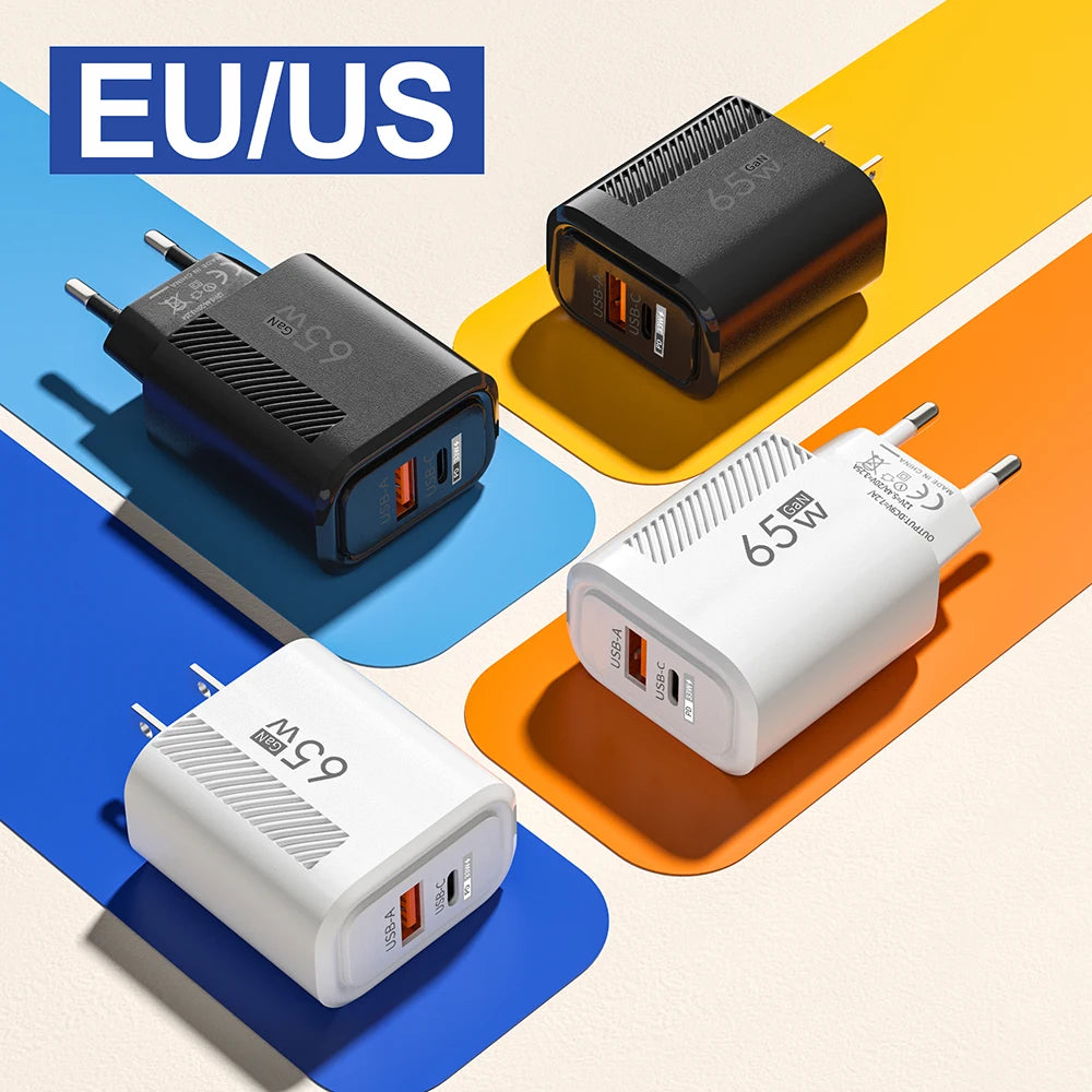 65W GaN Fast Charging USB Type C Charger US EU Plug PD 3.0 Quick