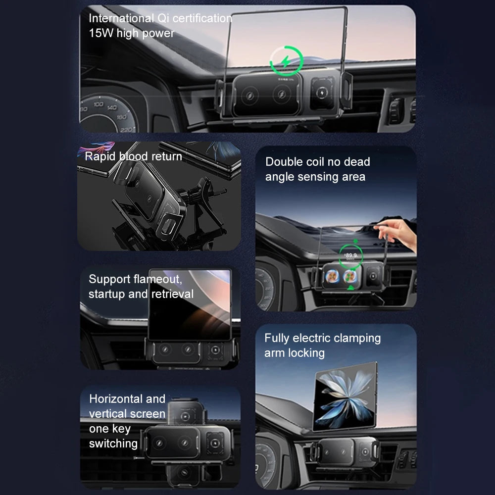 Dual Coil Foldable Phone Holder 2 in 1 Car Wireless Charger Phone Holder 15W Fast Charger Universal One Key Rotating Phone Stand