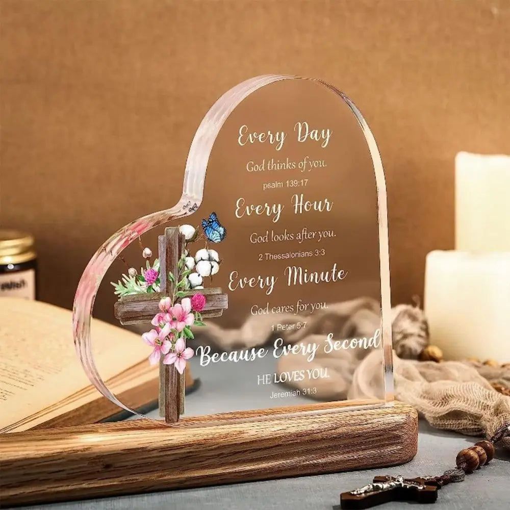 Heart-Shaped Bible Verse Acrylic Decor – Boho Cross &amp;
