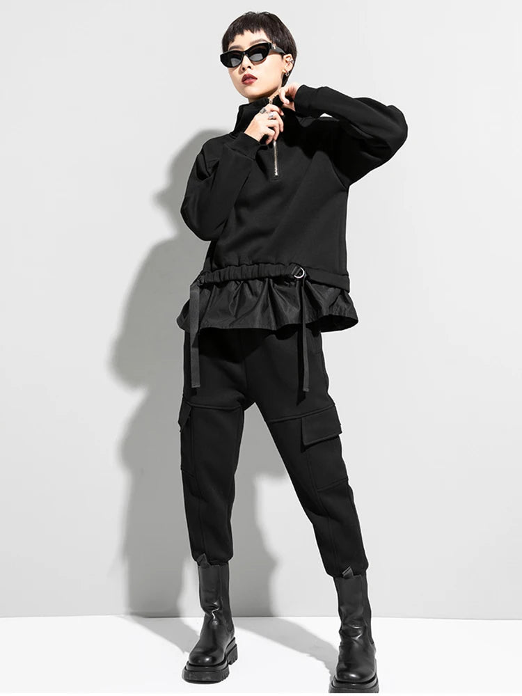[EAM] Loose Fit Ruffles Spliced Sweatshirt New Hoooded Long Sleeve Women Big Size Fashion Tide Spring Autumn 2026 1DD2569