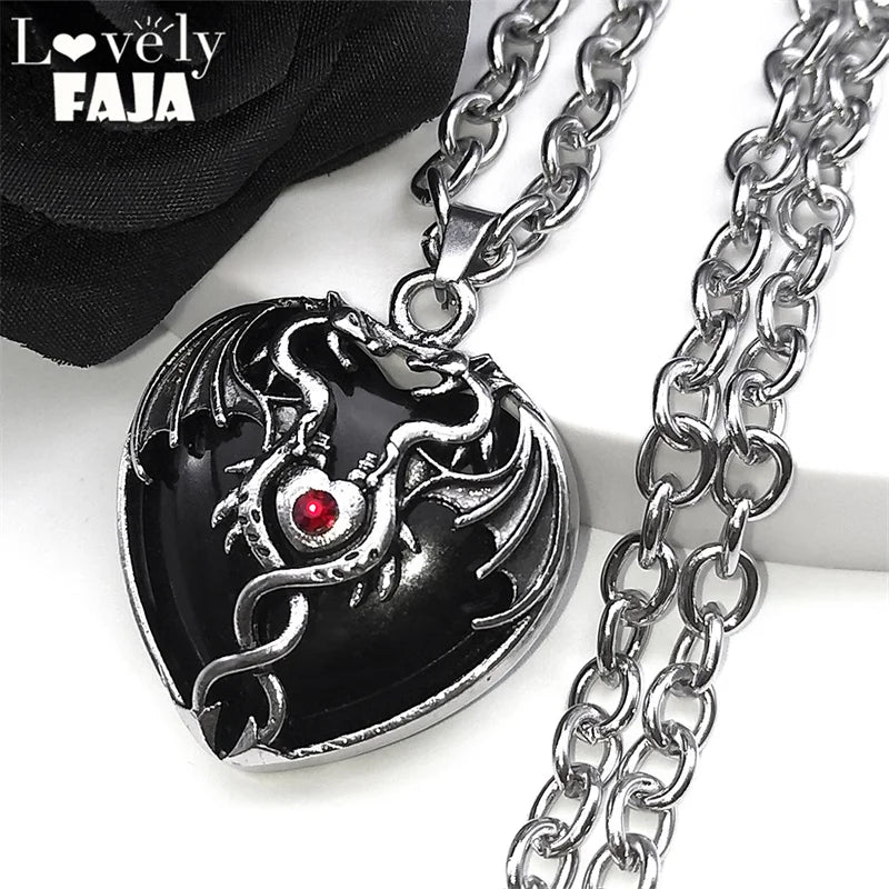Goth Double Dragon Heart Black Stone Necklace Men Women Stainless