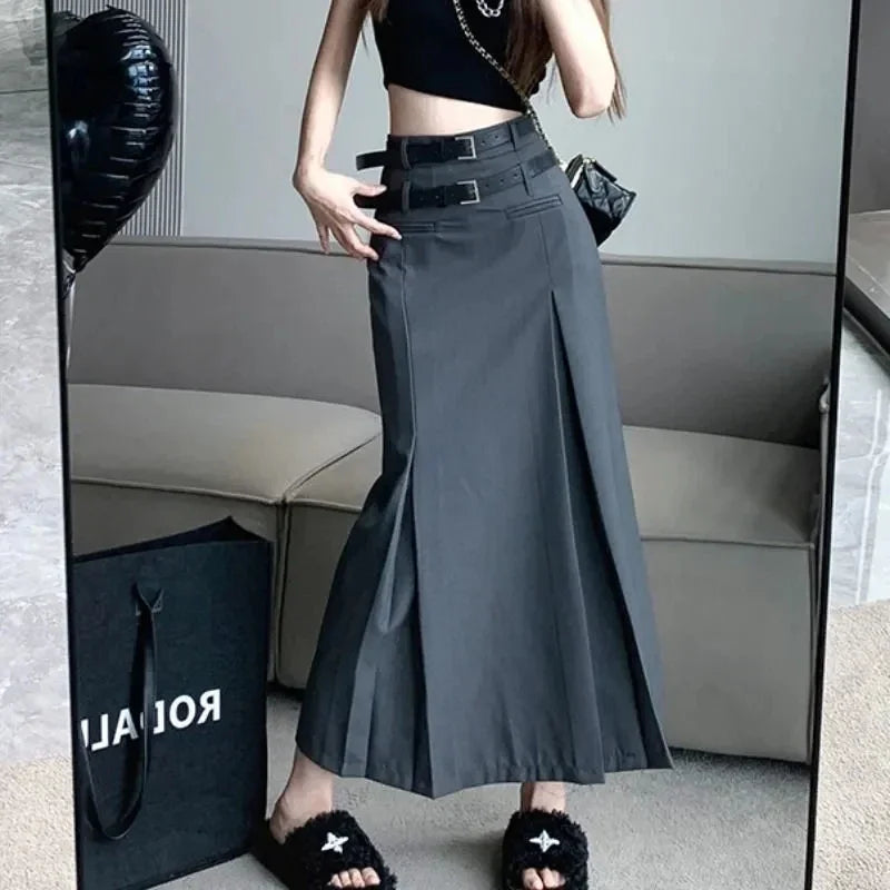 Women Double Belt Suit Skirts Korean Fashion High Waist Midi Skirt