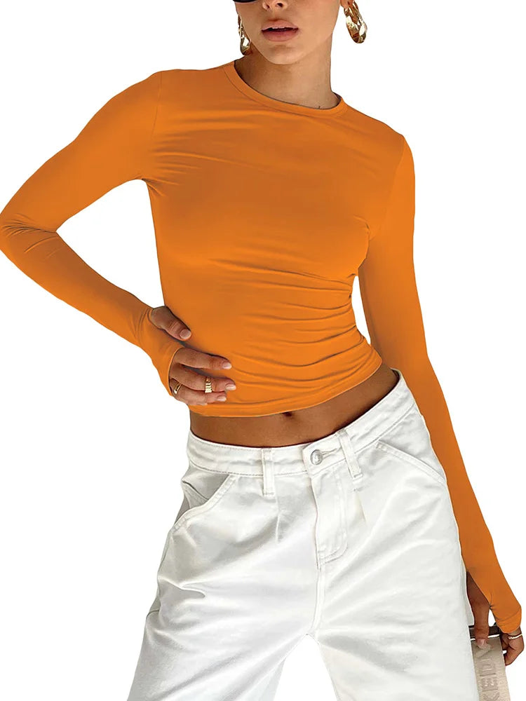 Fashion Women T-shirt Long Sleeve Crew Neck Solid Slim