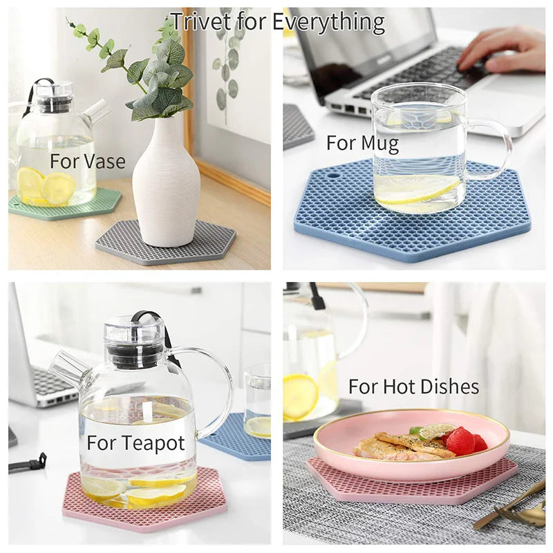 Silicone Pot Holders and Trivet mats Heat Resistant to 440°F to protect your table and countertop Non-Slip Kitchen Hot Pads