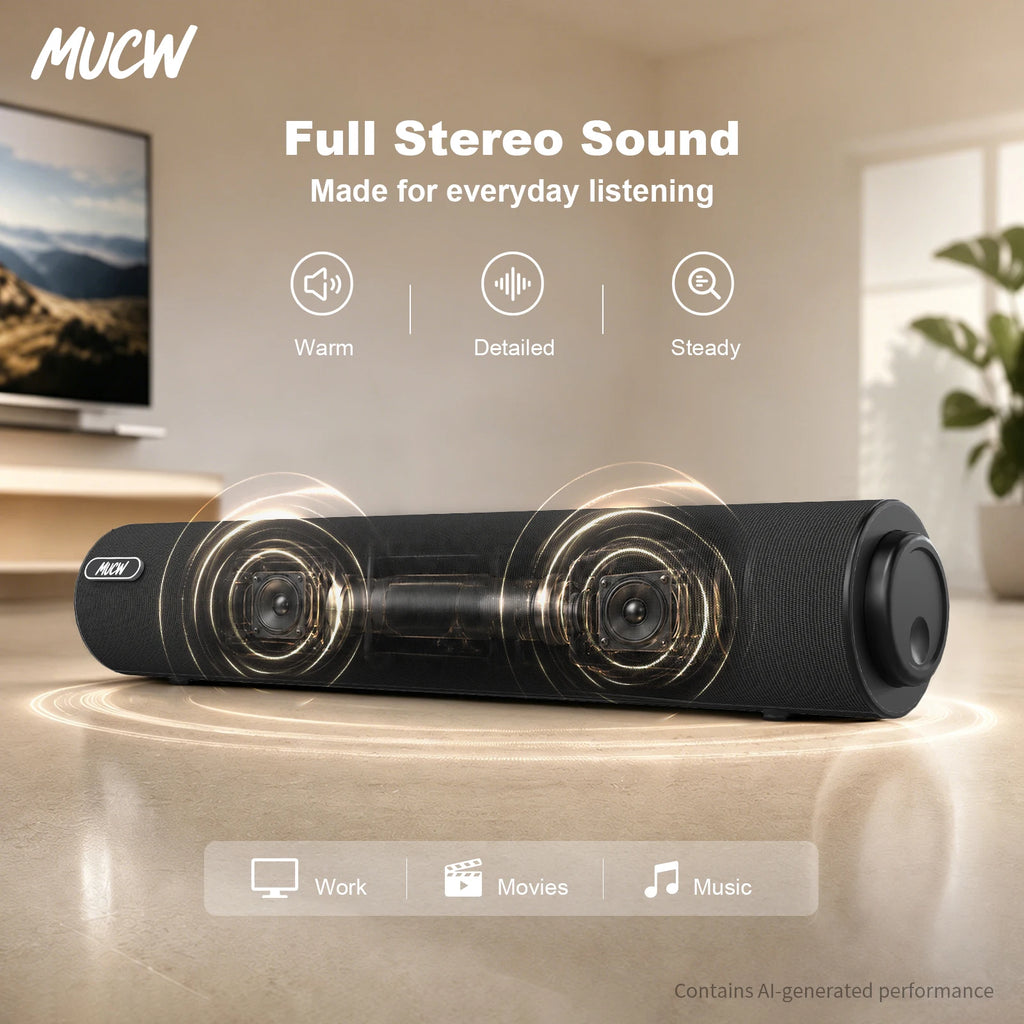 MUCW Minimalist Wired Computer Soundbar Stereo USB Power 3.5mm AUX
