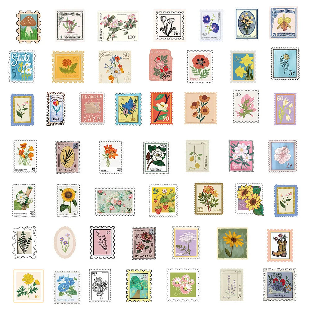 50PCS Creative Flower Stamp PET Waterproof Transparent Stickers Decorative Sunflower Flower Desktop Stickers