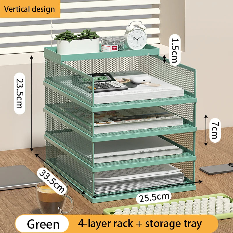 4-Tier Green Stackable Letter Tray Office Desk Organizer File Trays, Desktop Holder for Paper Letter Accessories with Pen Holder