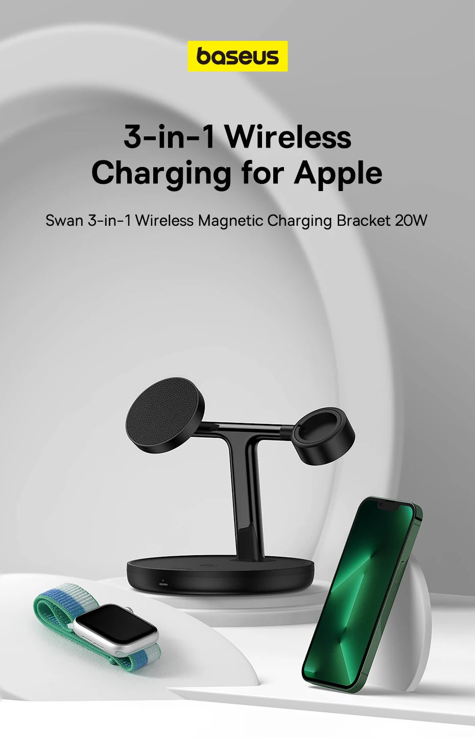 Baseus 3 in 1 20W Magnetic Wireless Charger Stand For iPhone 16 15 14 Pro Airpods Apple Watch Phone Fast Charging Station Holder